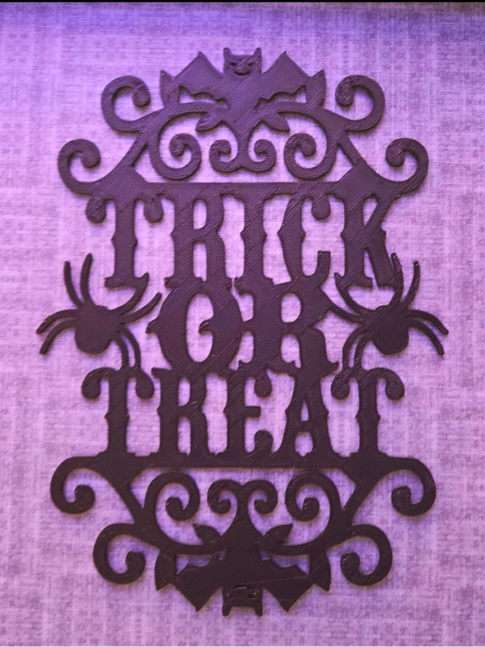 3D Printed Halloween Black "Trick or Treat" Spider Hanging Wall Decor Sign 8”